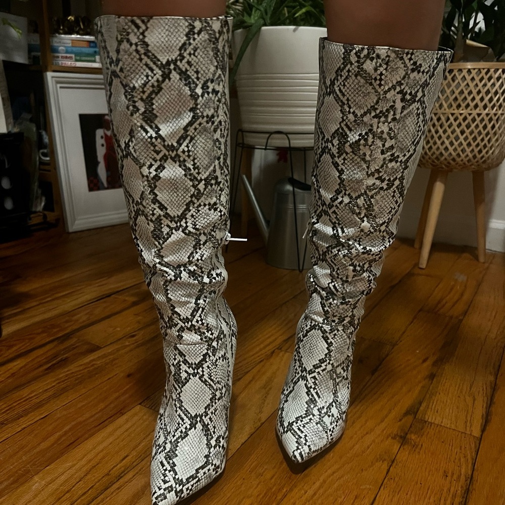 Black and White Snakeskin Heeled Boots